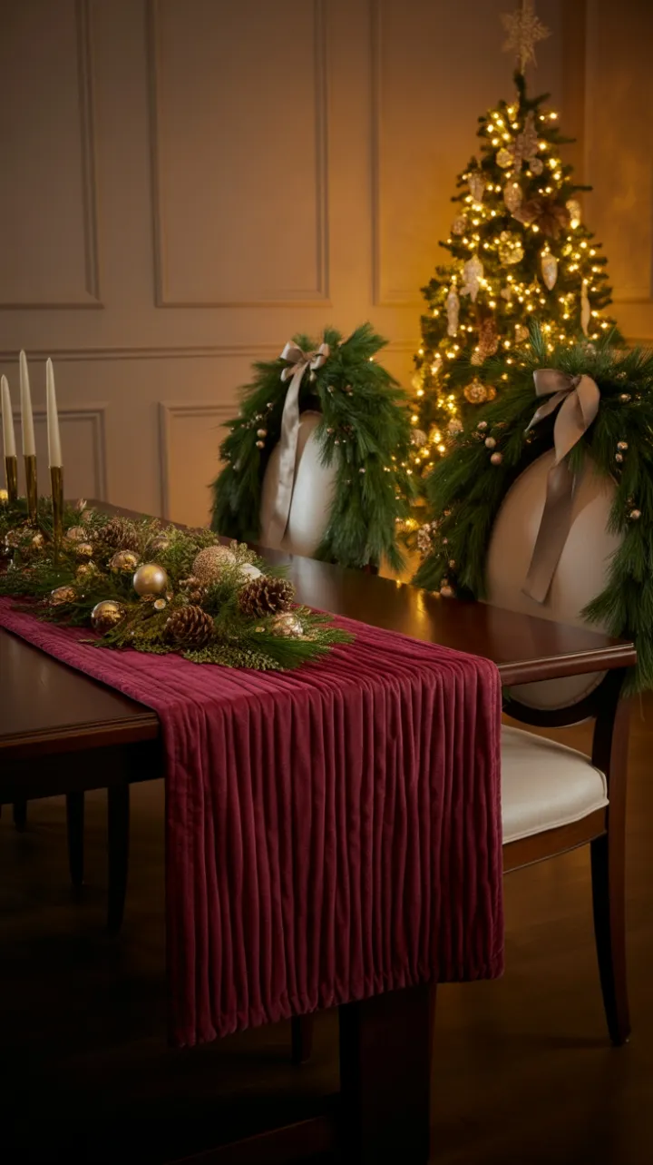 Burgundy Velvet Christmas Table Bathed in Golden Light