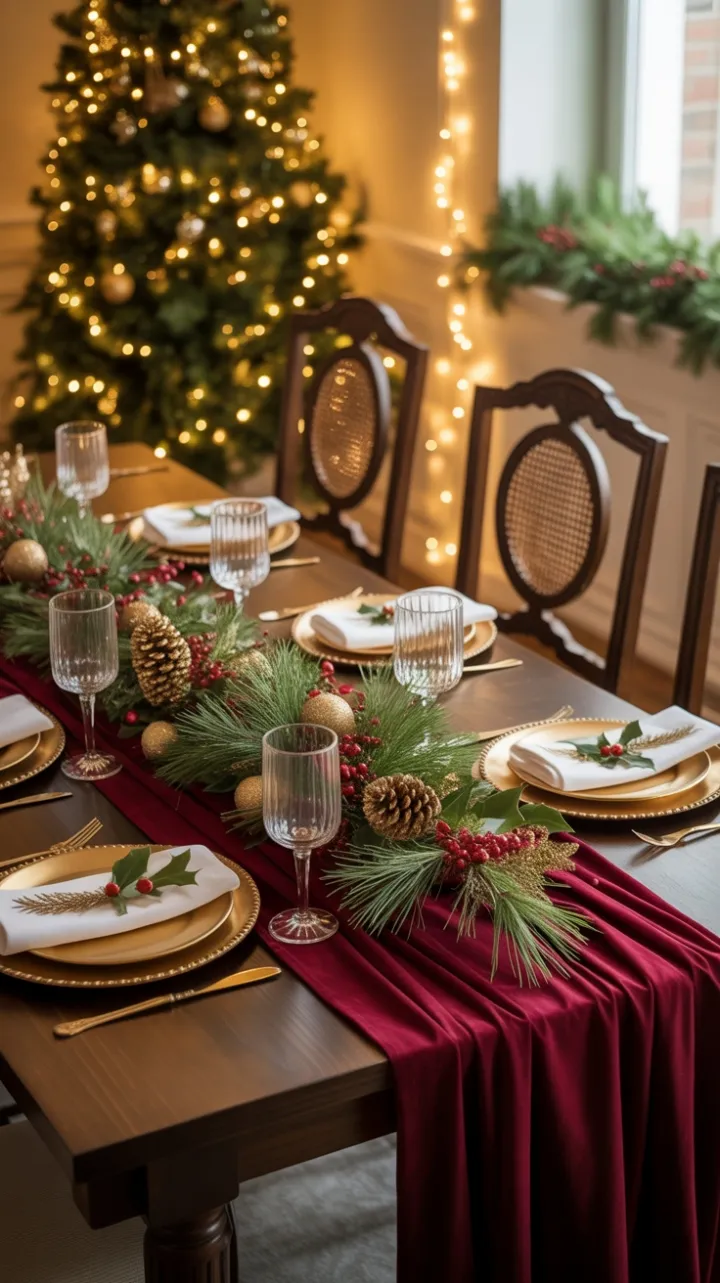 Burgundy Velvet Christmas Table Dressed in Gold, Pine, and Twinkling Light