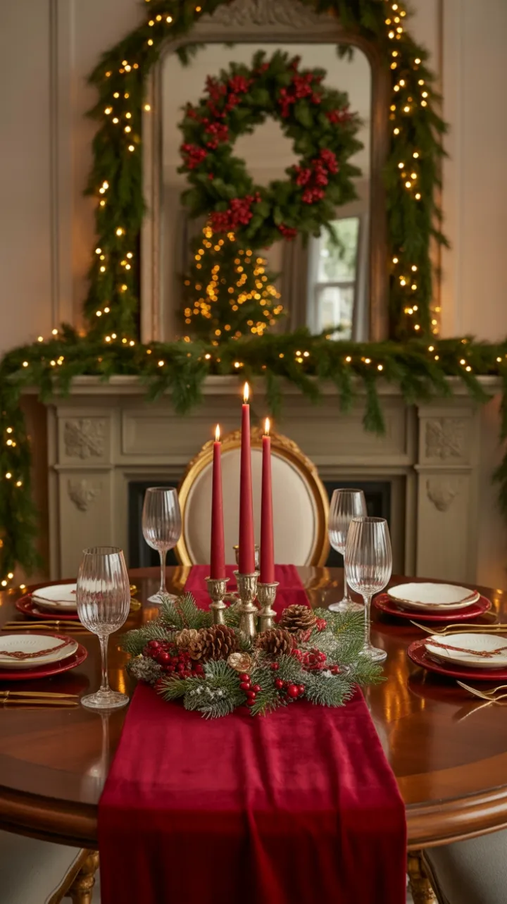 Crimson Velvet Holiday Table Bathed in Warm Christmas Glow