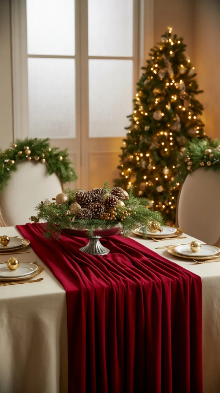 Crimson Velvet Holiday Table with Gilded Pinecone Centerpiece