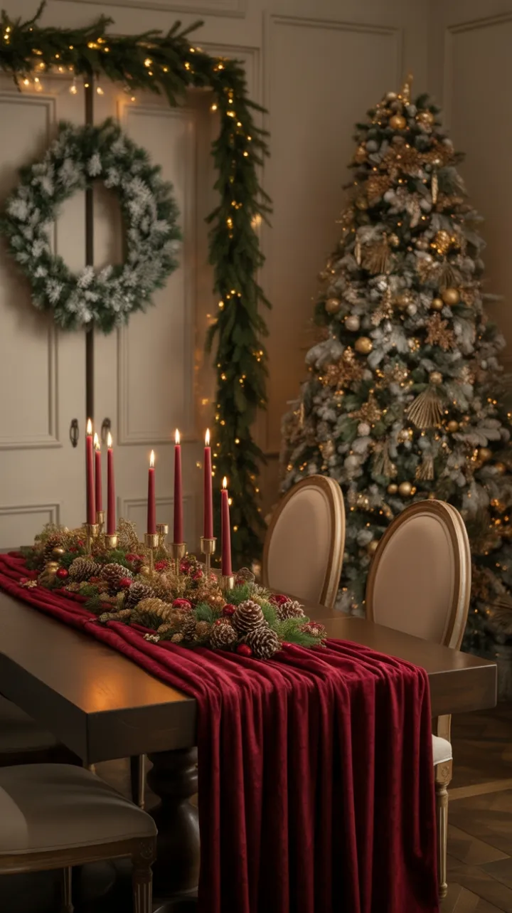 Crimson Velvet Christmas Table Dressed in Gold and Light