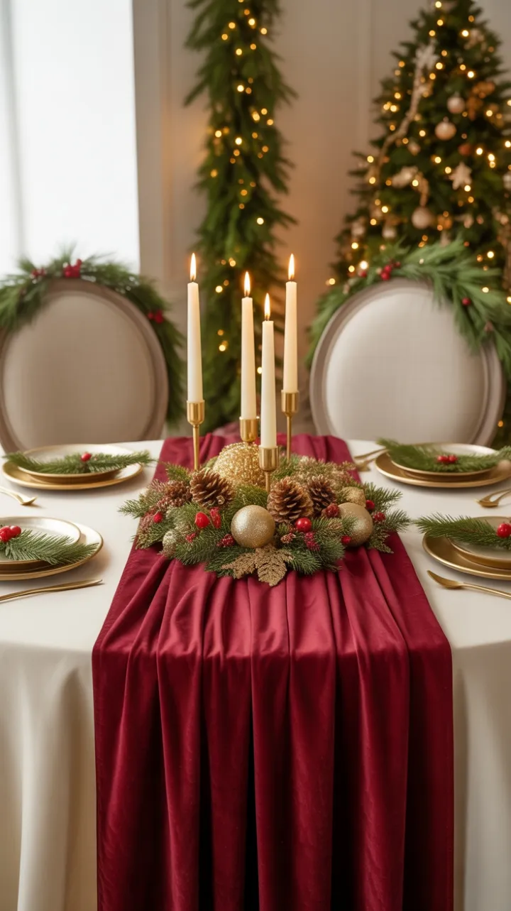Burgundy Velvet Christmas Table Dressed in Gold, Evergreen, and Candlelight