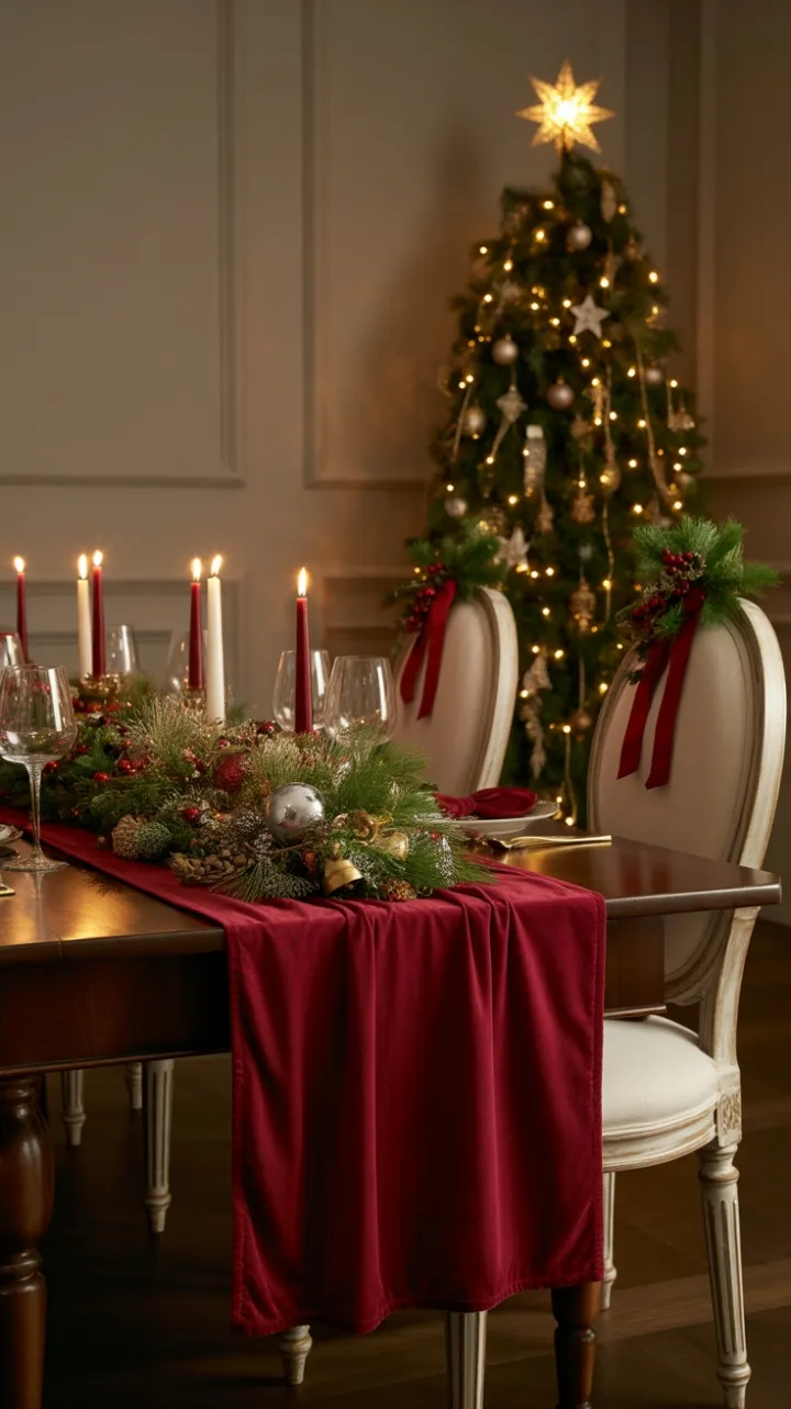 Candlelit Christmas Table Dressed in Crimson Velvet and Golden Glow