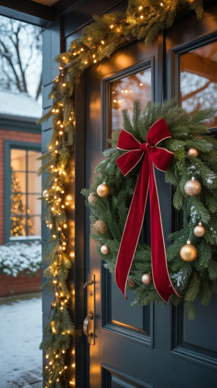 Velvet Bow and Twinkling Lights – A Cozy Christmas Welcome