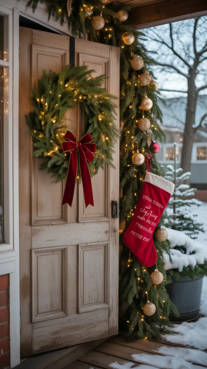 Velvet Bow and Twinkling Lights on a Snow-Kissed Christmas Door