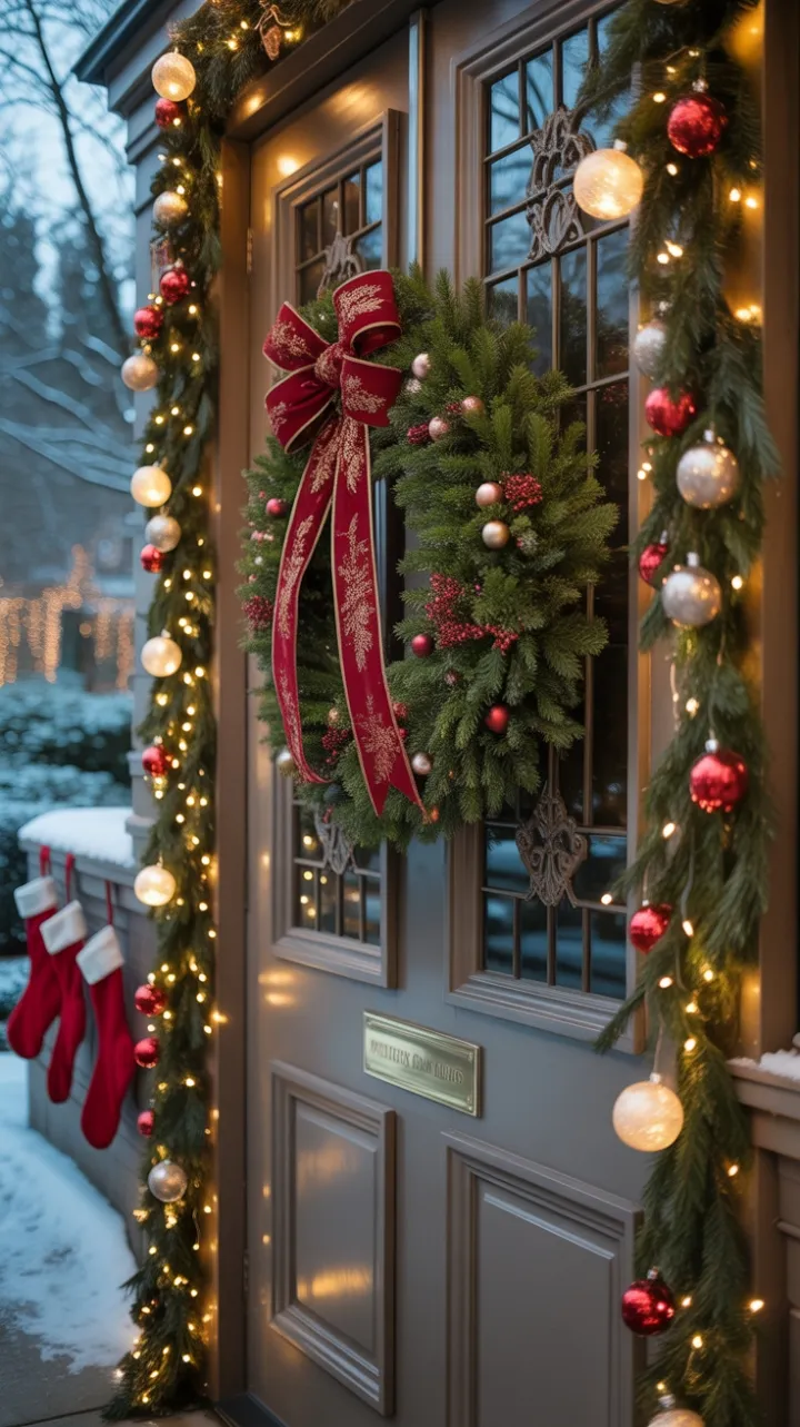 Snow-Kissed Welcome with Velvet Bow and Twinkling Lights