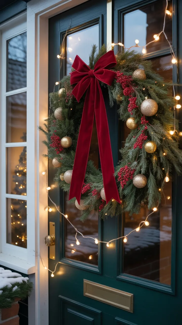 Crimson Wreath and Golden Lights on a Snow-Kissed Porch