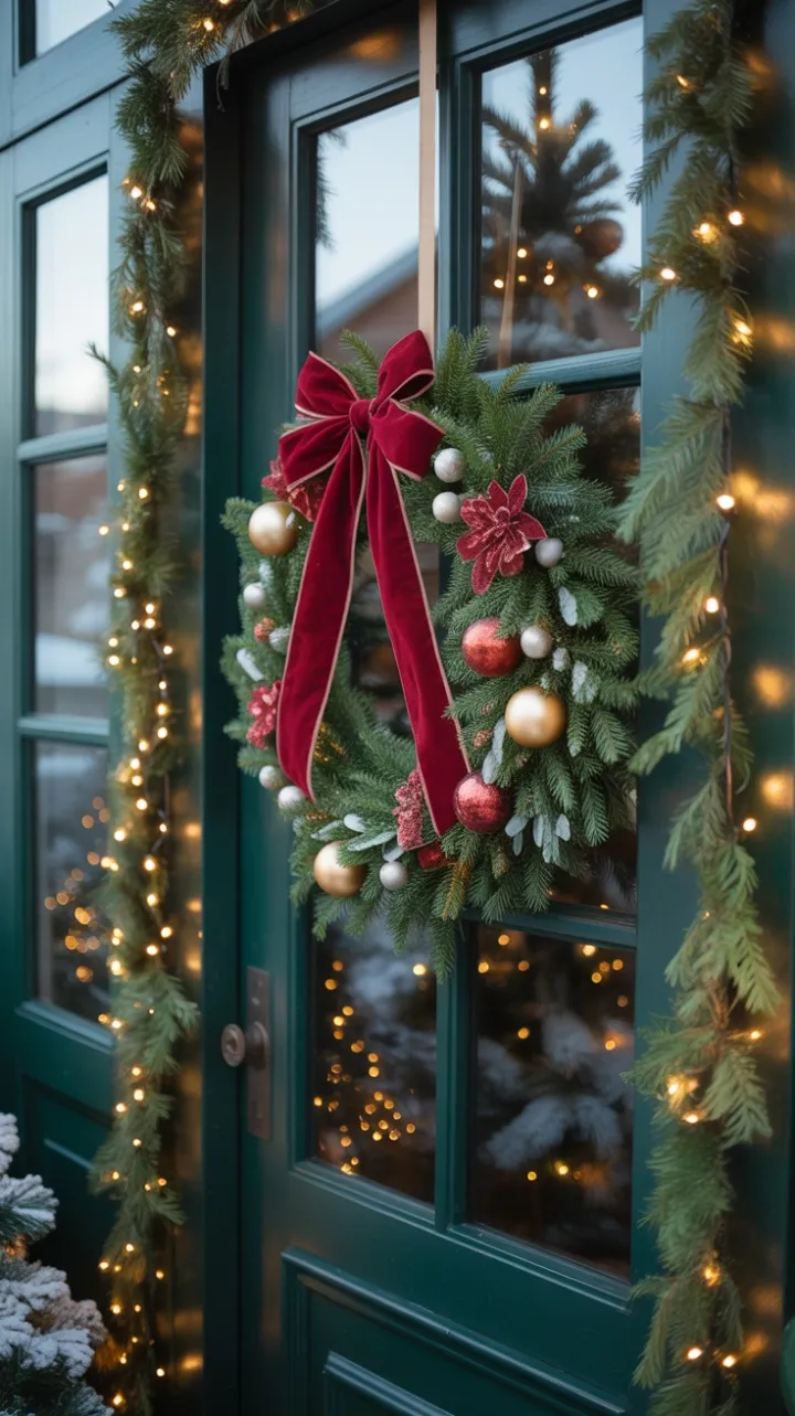Sunset Glow on a Velvet-Bowed Christmas Door