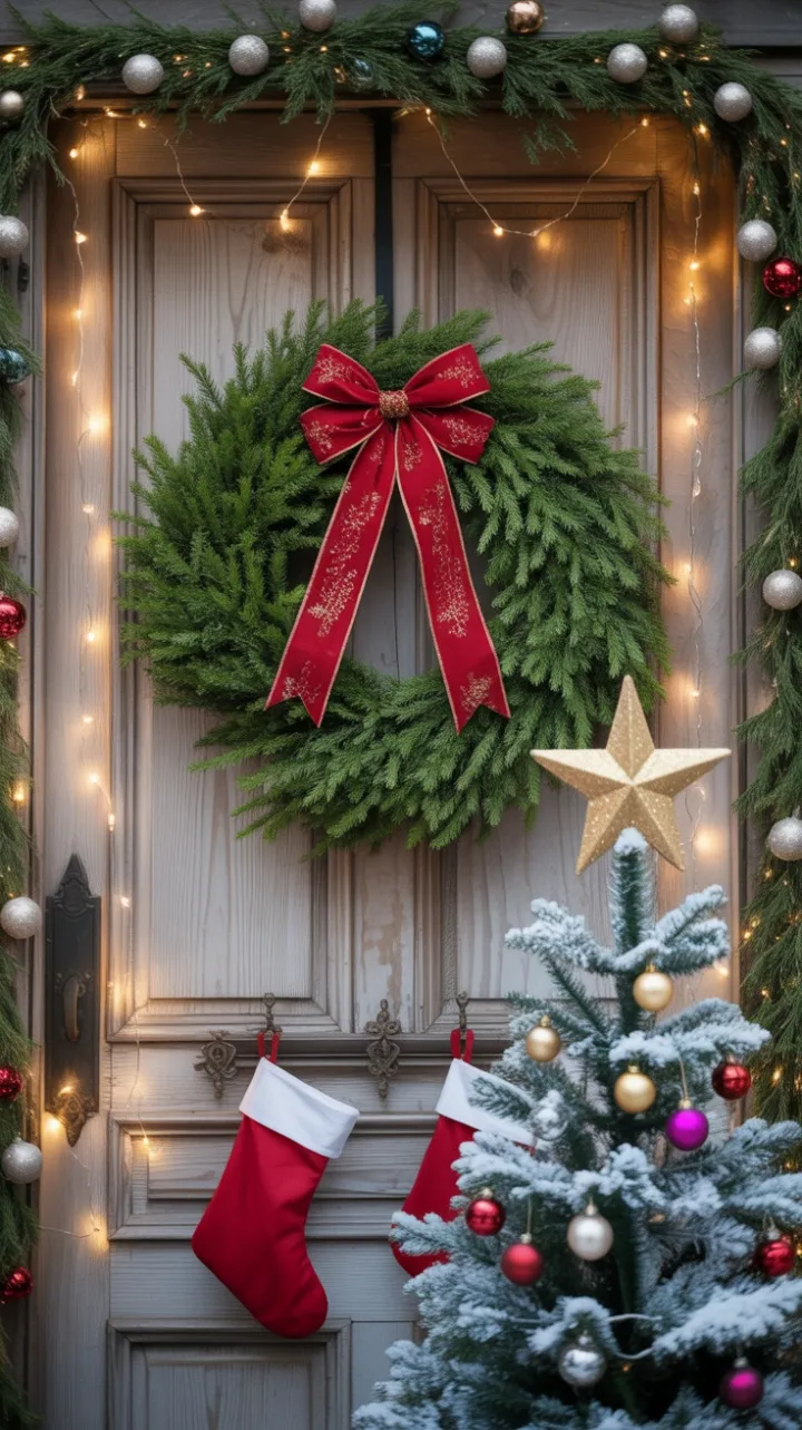 Velvet Bow and Evergreen Glow on a Weathered Christmas Door