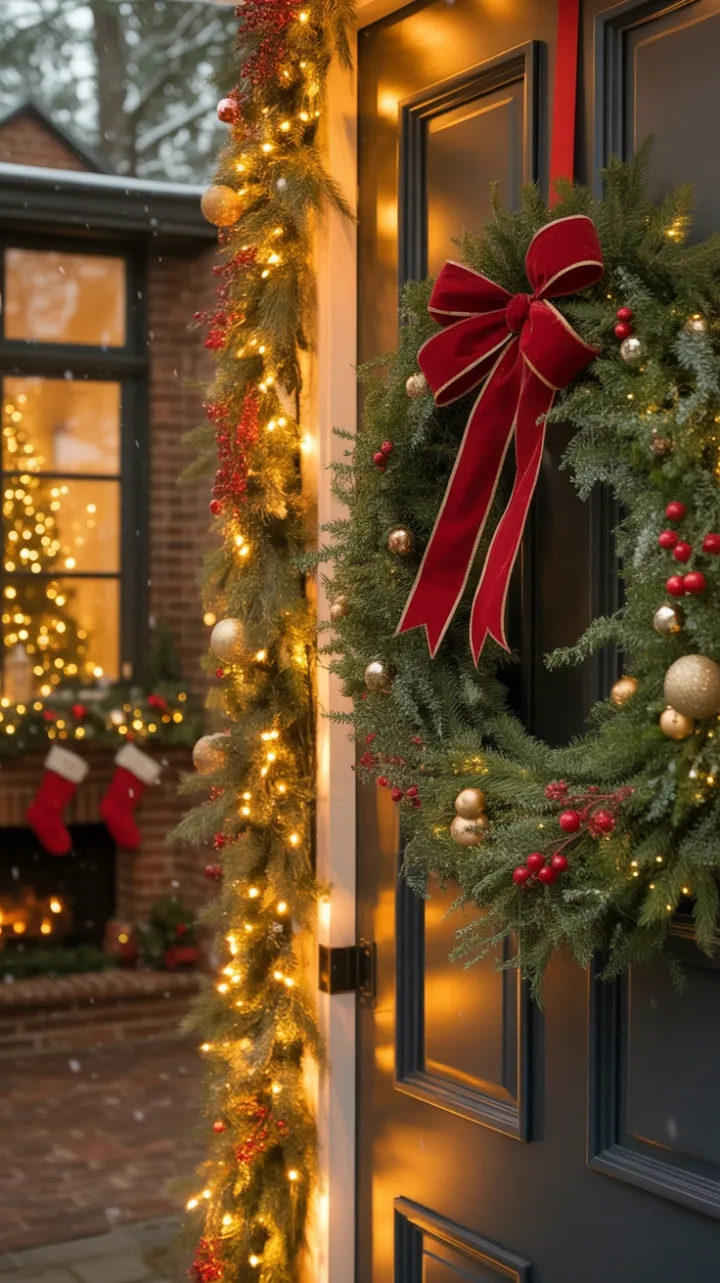 Welcome Home for Christmas Velvet Bow, Golden Ribbon, and Snowy Hearthlight