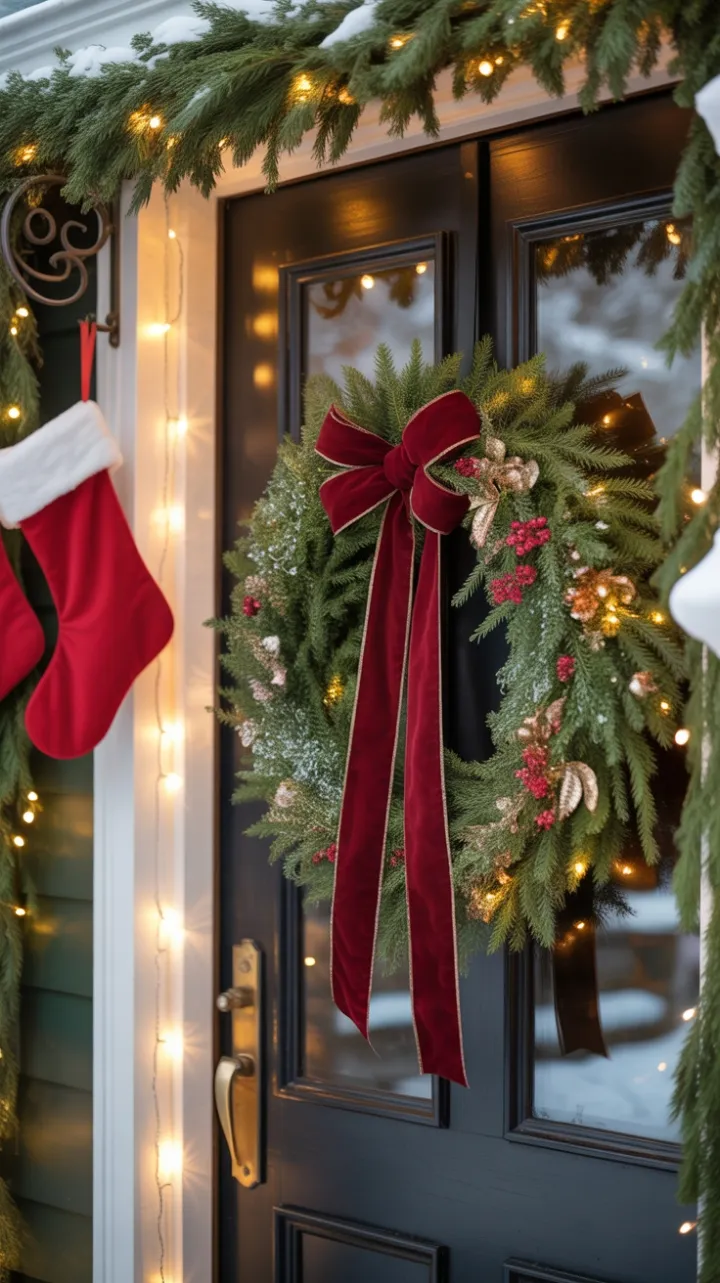 Snow-Kissed Welcome with a Crimson Bow and Twinkling Lights