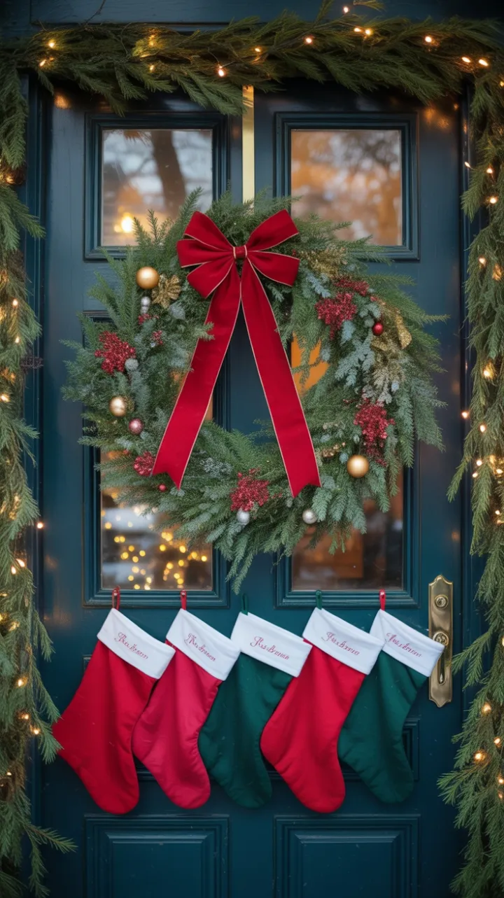 A Cozy Doorway Dressed in Velvet Bows, Golden Ornaments, and Snowy Lights