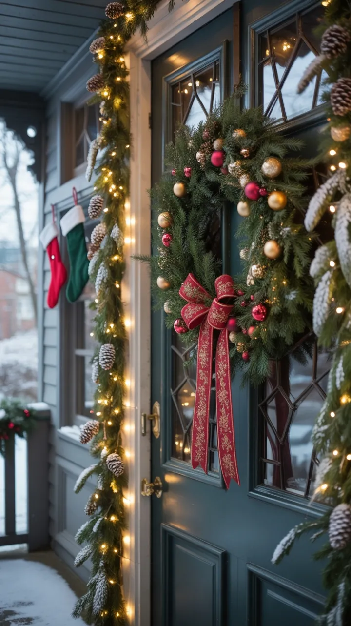 Gilded Holiday Welcome with Crimson Wreath and Twinkling Lights