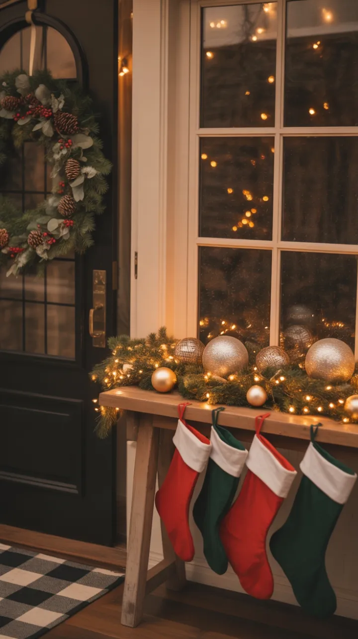 Cozy Christmas Welcome with Wreaths, Twinkling Lights, and Snowy Glow