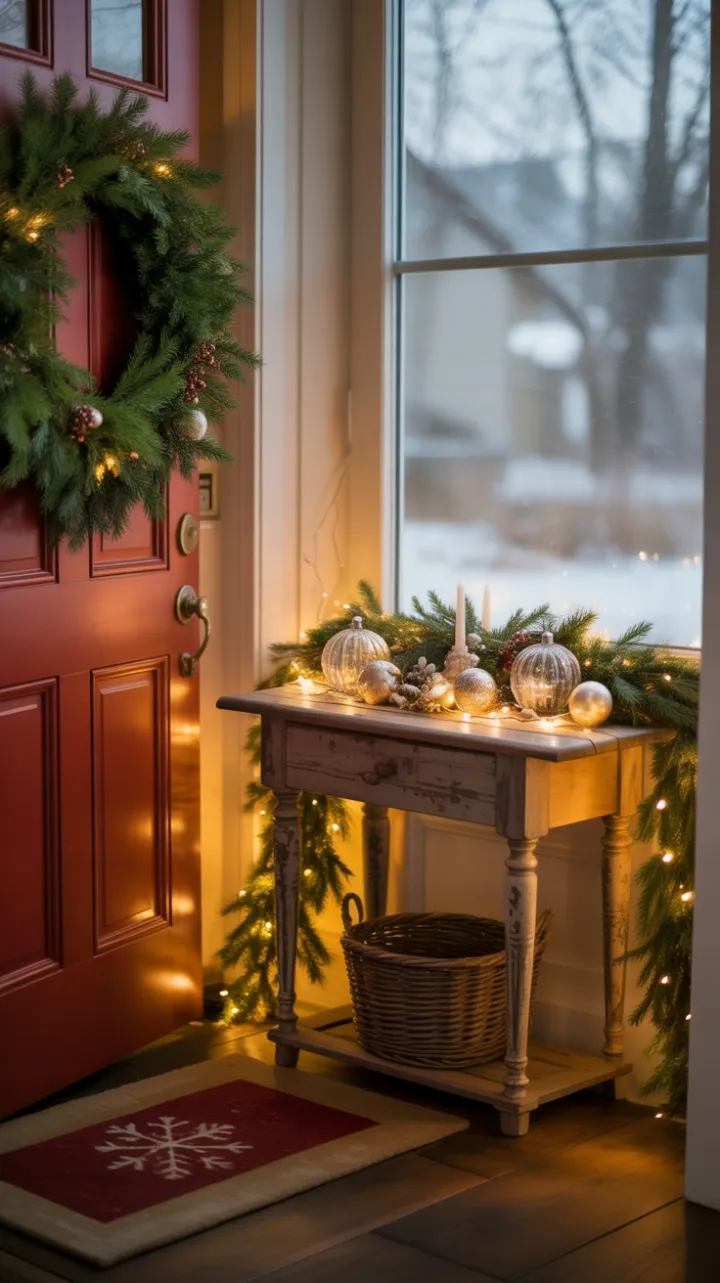 Warm Holiday Welcome with Wreath, Twinkling Lights, and Falling Snow