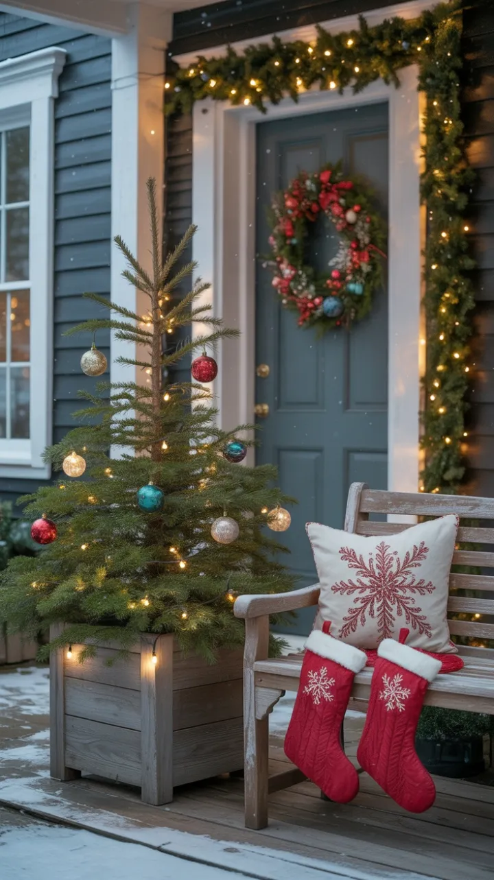 Snow-Kissed Christmas Porch with Evergreen Glow and Cozy Stockings