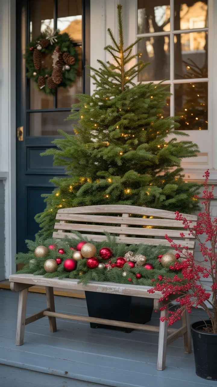 Sunlit Christmas Porch with Twinkling Evergreen and Weathered Bench