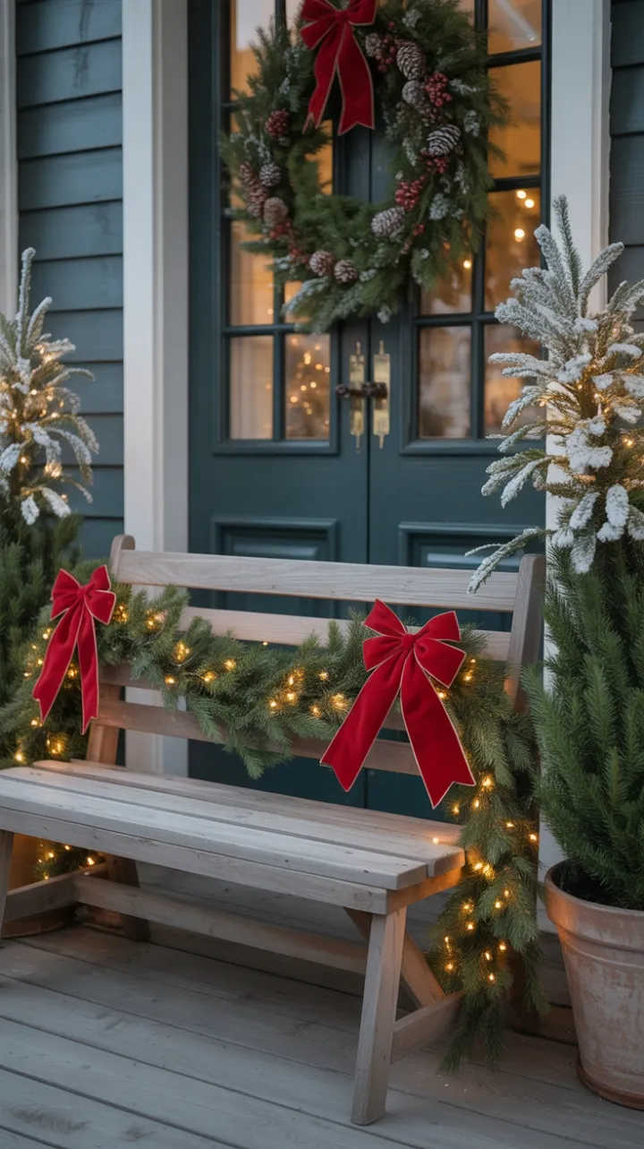 Twinkling Rustic Christmas Porch with Velvet Bows