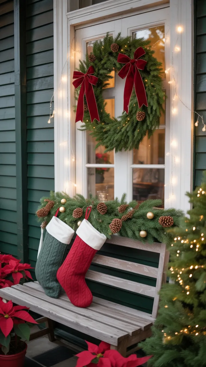 Victorian Front Porch Wrapped in Velvet Bows and Twinkling Lights