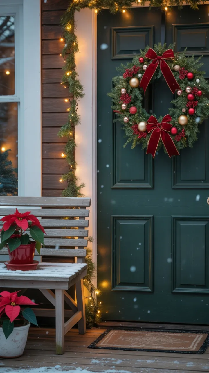 Snow-Kissed Christmas Porch Bathed in Warm Light