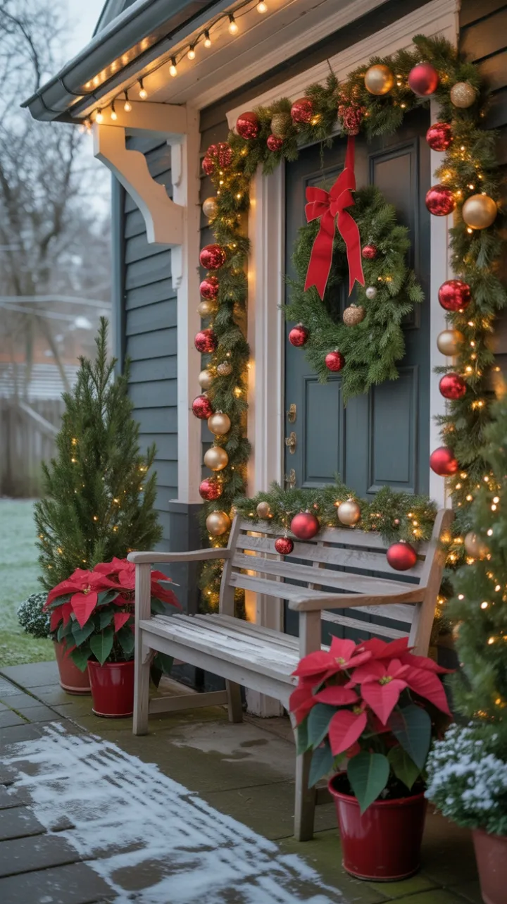 Snow-Dusted Christmas Porch Aglow with Garland, Poinsettias, and Warm Lights