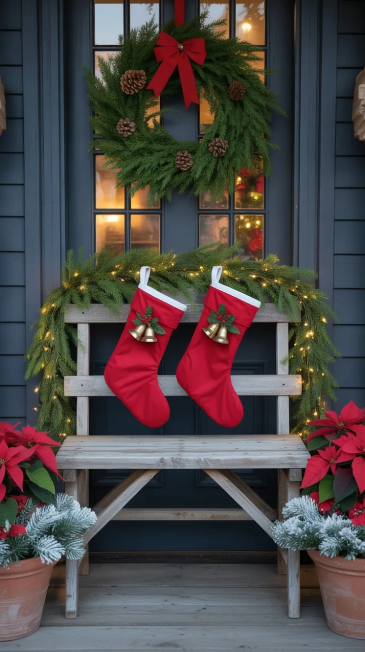 Cozy Rustic Christmas Porch Draped in Garland, Golden Lights and Poinsettias