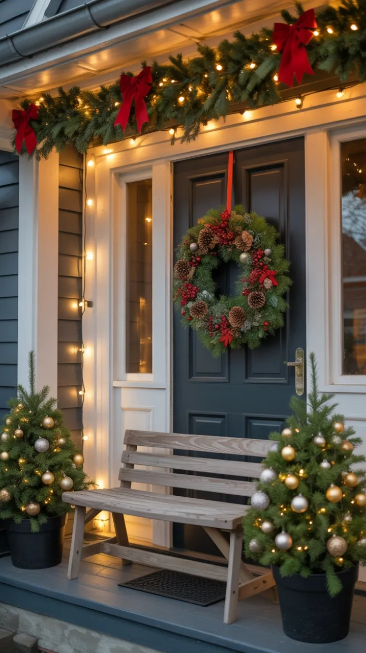 Twinkling Welcome on a Rustic Christmas Porch