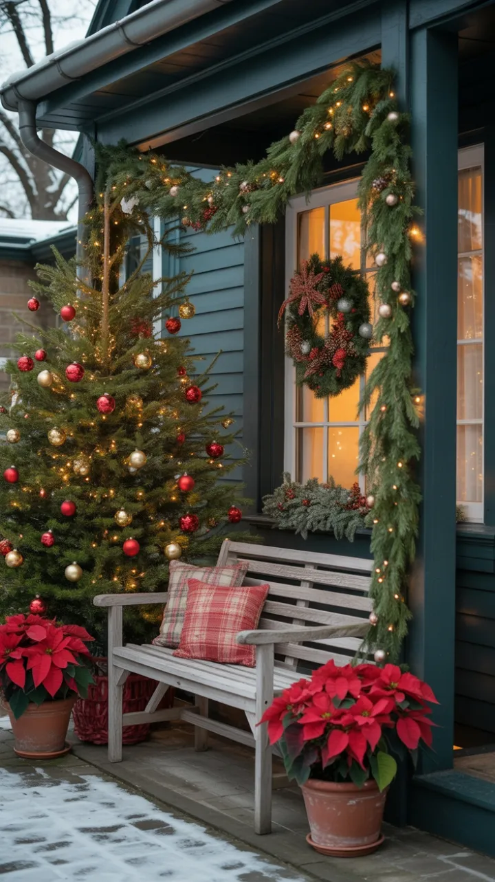 Snow-Kissed Porch with Evergreen Lights and Poinsettia Cheer