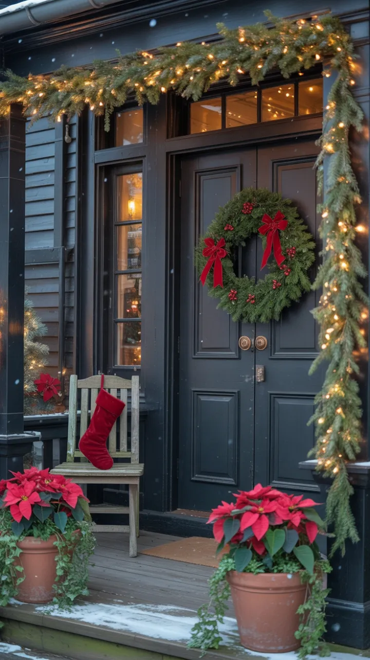Victorian Christmas Porch Dressed in Velvet Bows, Poinsettias, and Twinkling Snow