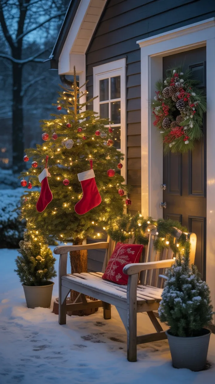 Snow-Kissed Porch with Twinkling Lights and Holiday Warmth