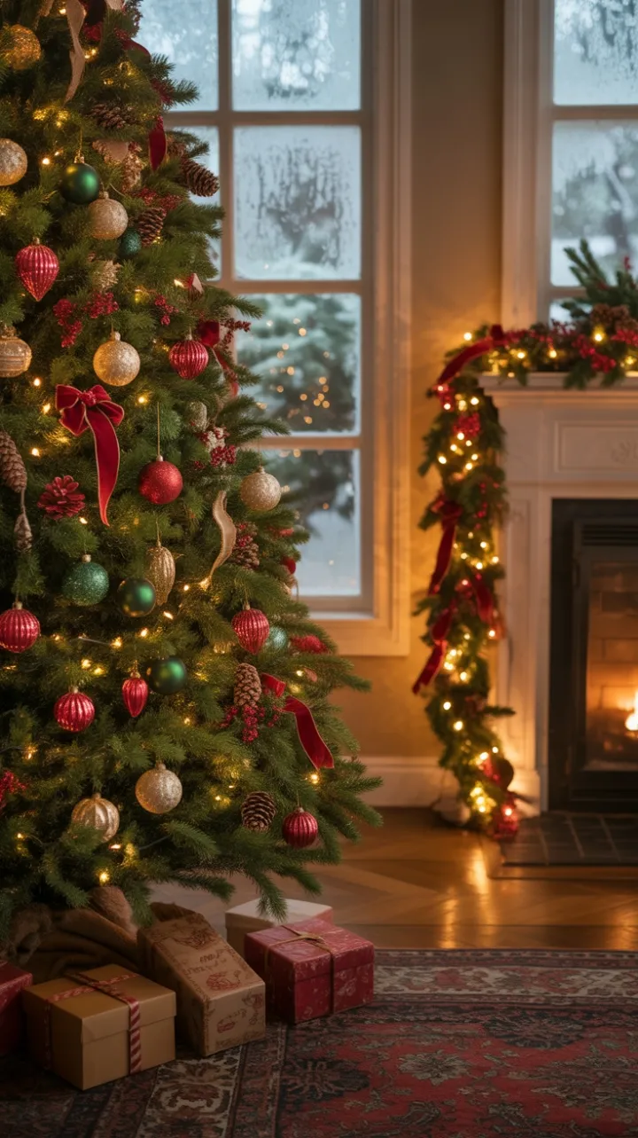 Fireside Christmas with Velvet Ribbons, Glass Ornaments, and Falling Snow