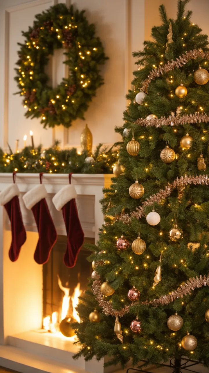 Cozy Christmas Hearth with Shimmering Tree and Velvet Stockings