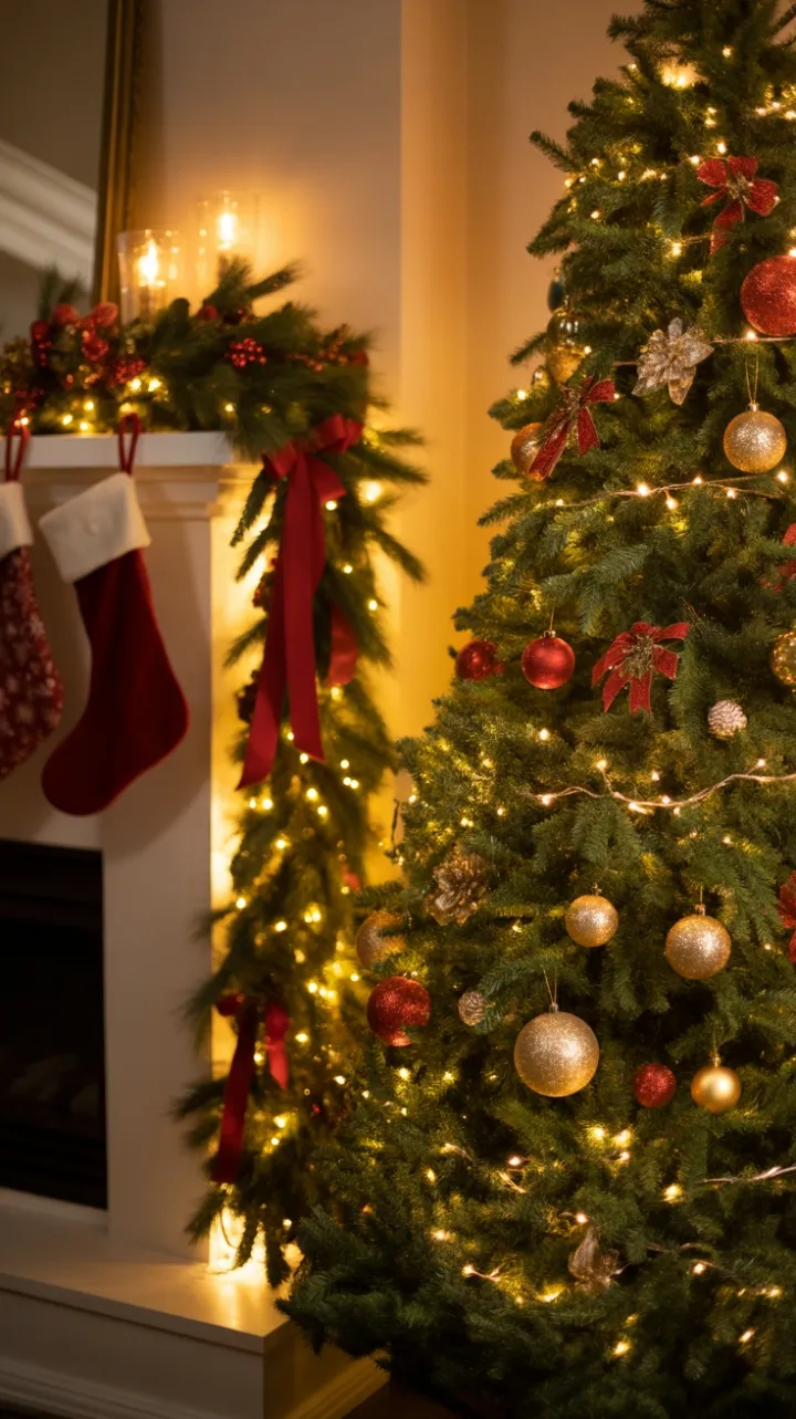 Cozy Fireside Christmas with Twinkling Tree and Velvet Ribbons
