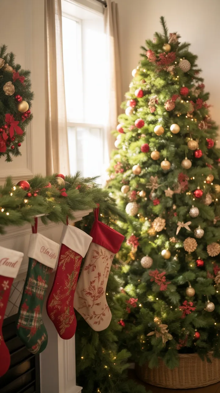 Cozy Christmas Hearth Draped in Gold and Crimson