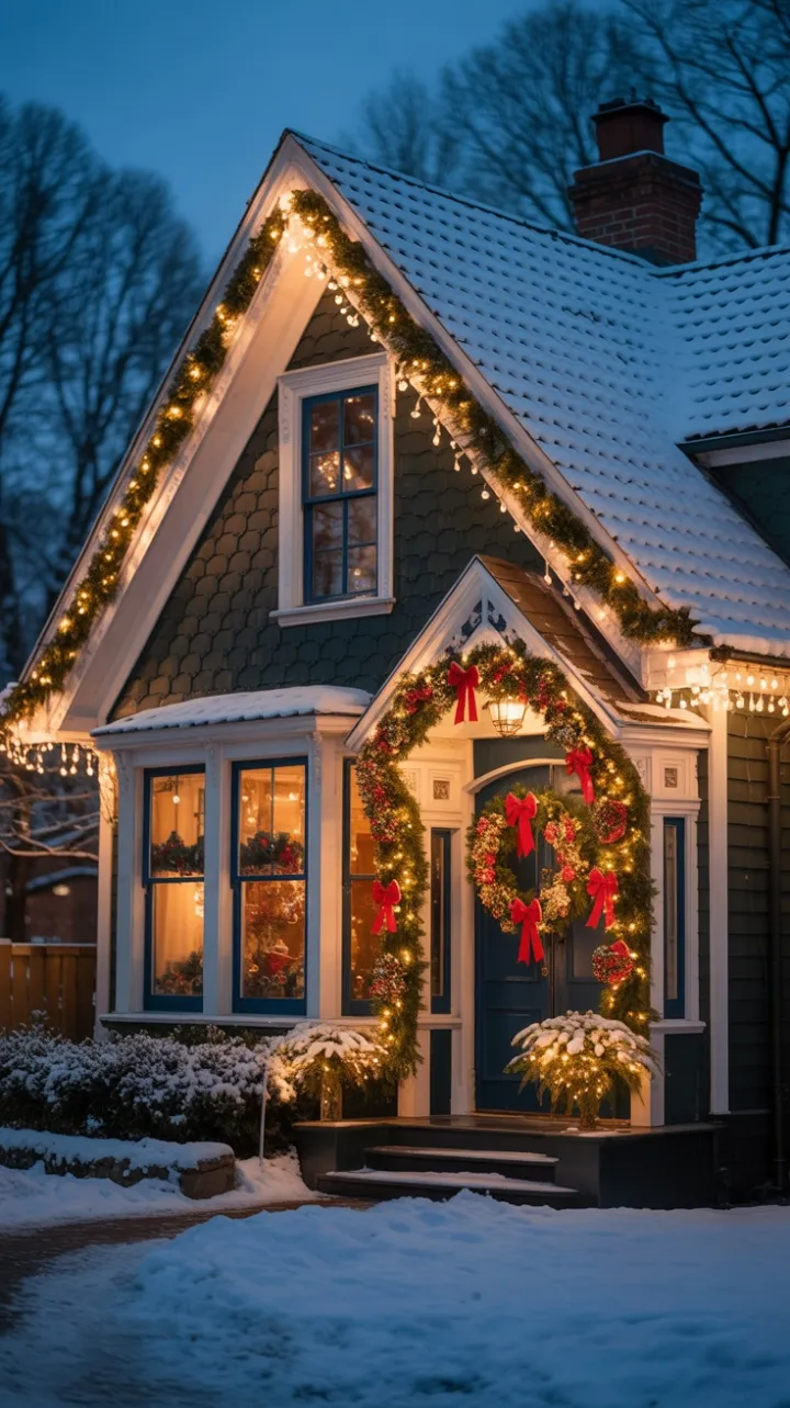 Victorian Holiday Glow Beneath Falling Snow