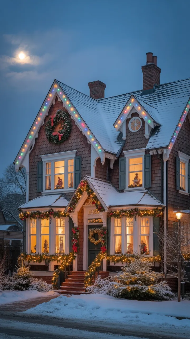 Moonlit Victorian Home Dressed in Twinkling Christmas Splendor