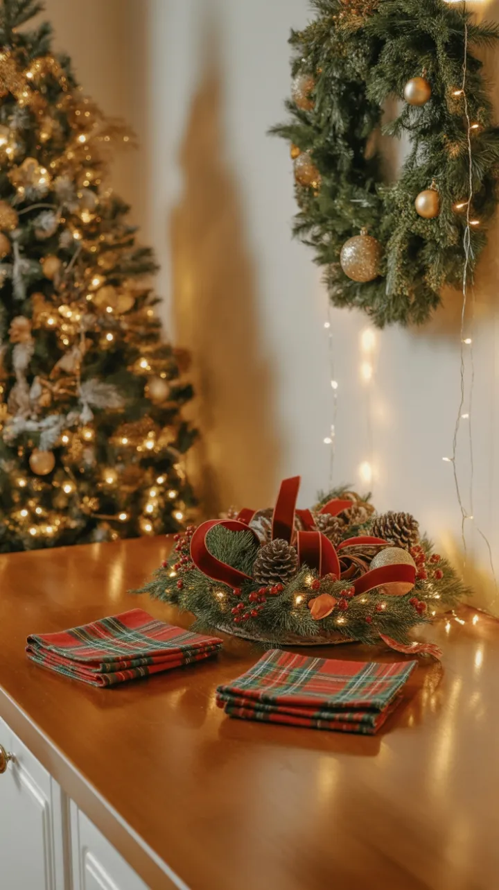 Twinkling Kitchen Cheer with Pinecone Centerpiece and Plaid Towels