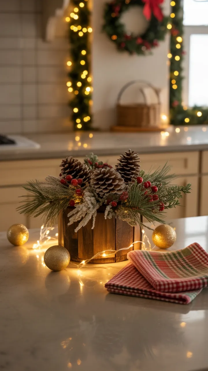 Rustic Christmas Countertop Bathed in Twinkling Warmth