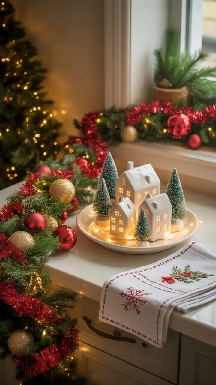 Warm Christmas Countertop with Twinkling Village and Garland