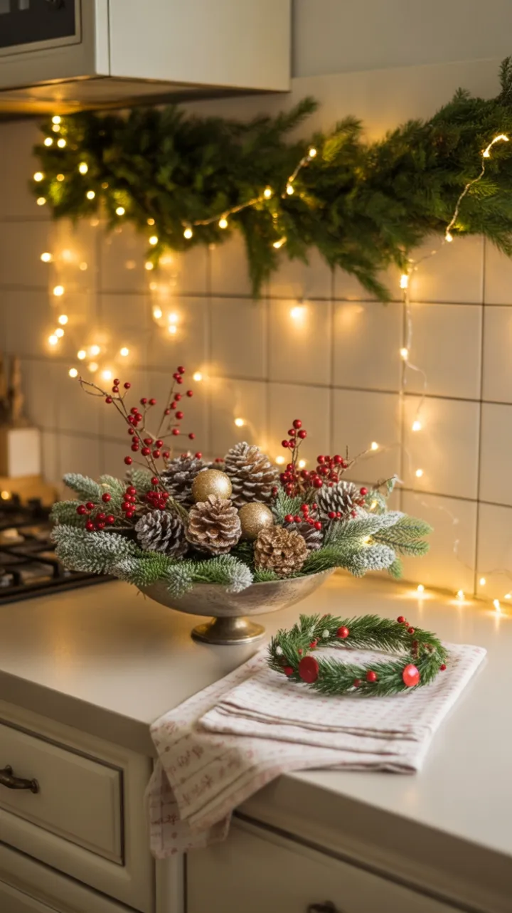Cozy Christmas Countertop with Pinecone Centerpiece and Twinkling Lights