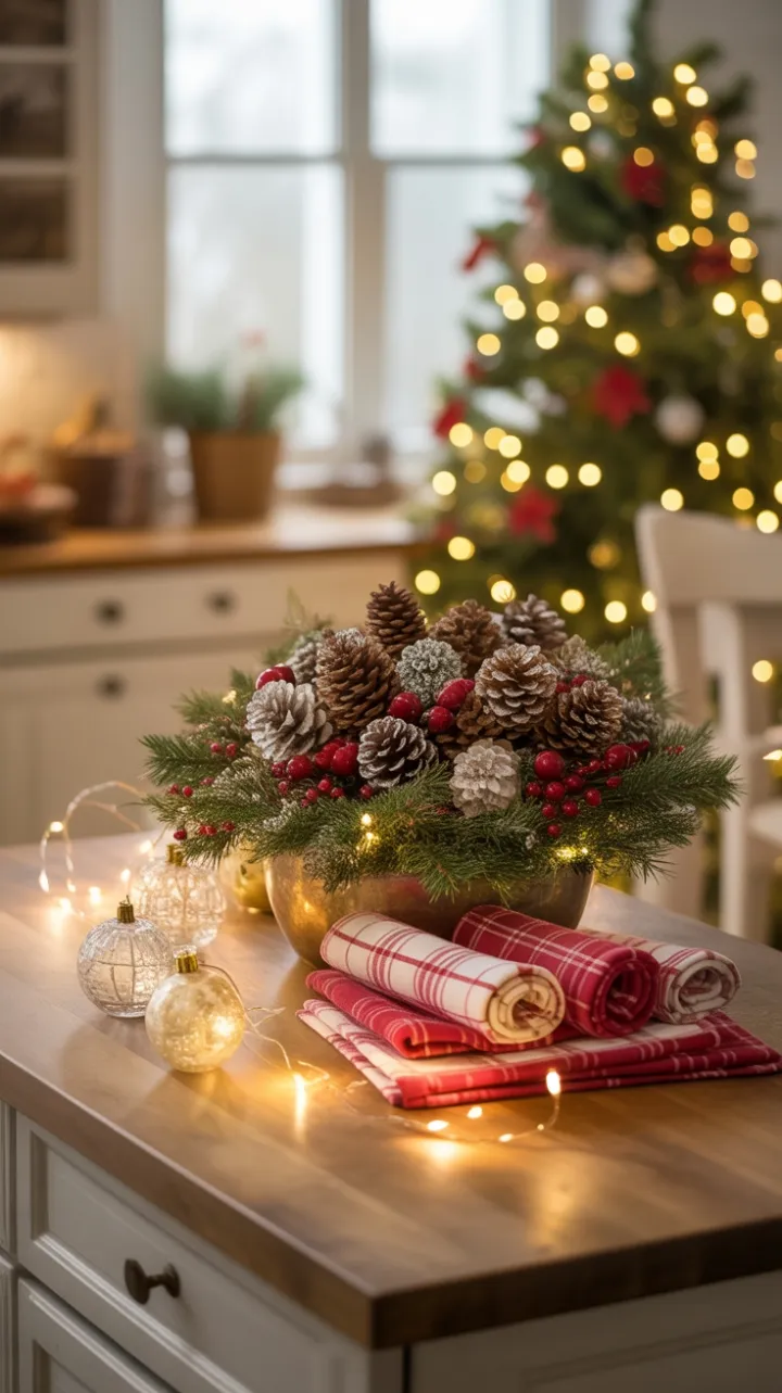 Warm Hearth Holiday with Pinecones, Plaid, and Twinkling Lights