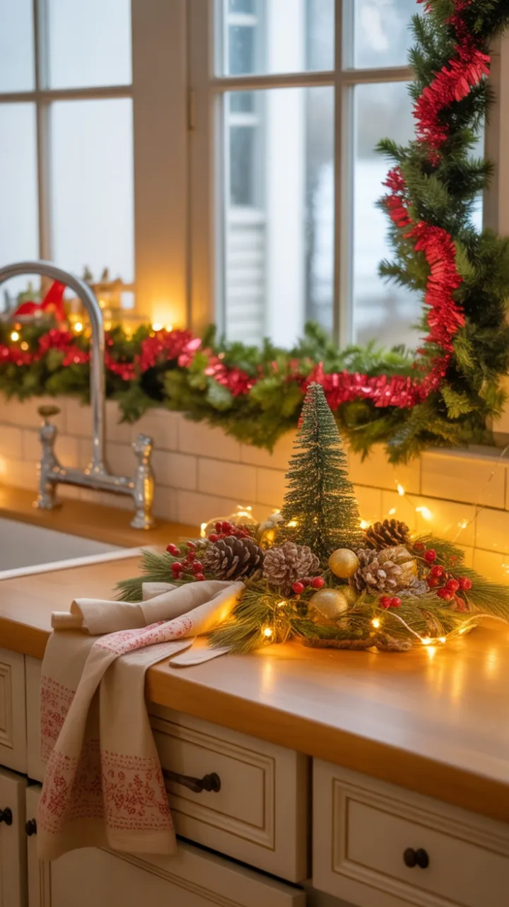 Golden-Glow Christmas Kitchen with Garland, Mini Tree and Twinkling Lights
