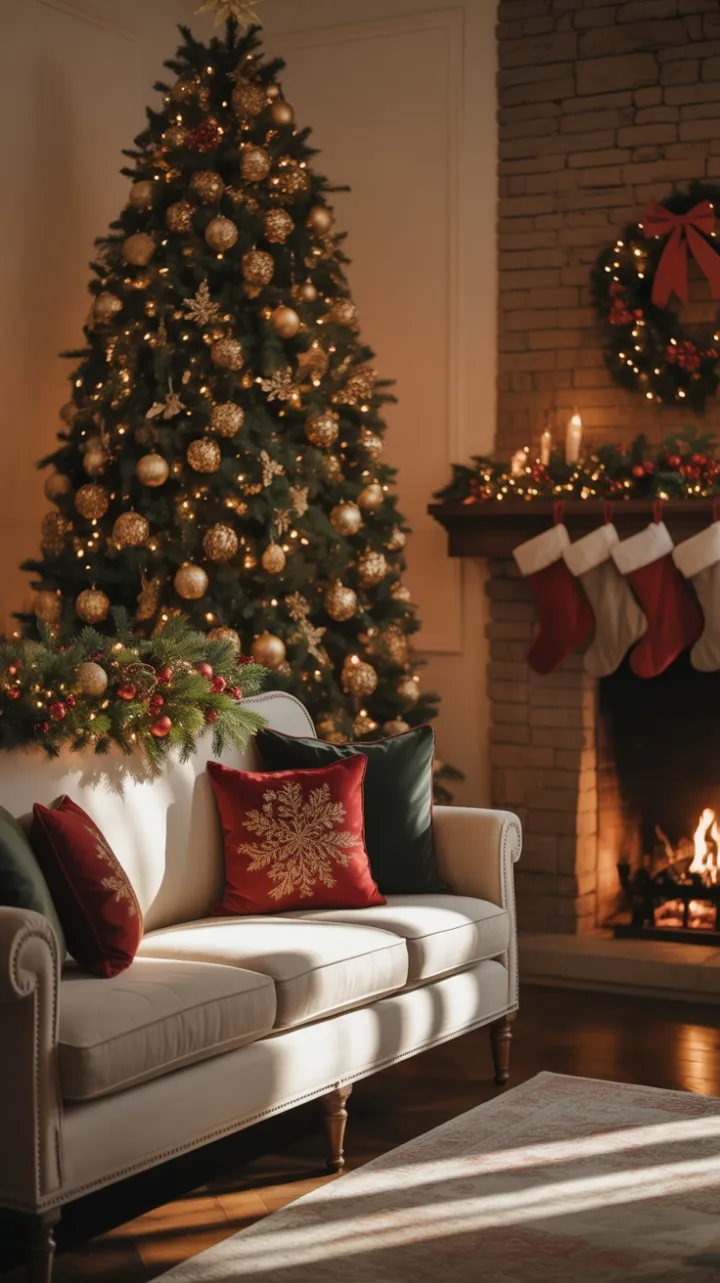 A Timeless Christmas of Velvet Pillows, Gold Ornaments, and Hearthside Glow