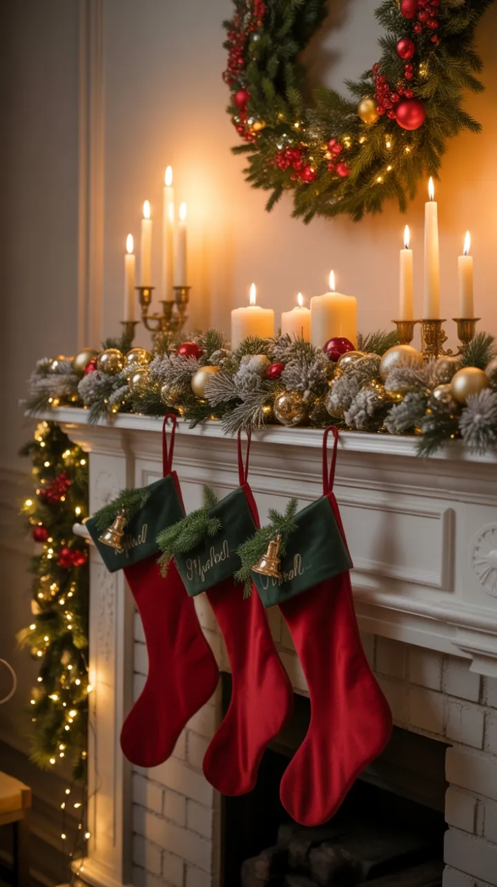 Velvet Stockings and Golden Candlelight on a Cozy Christmas Mantel