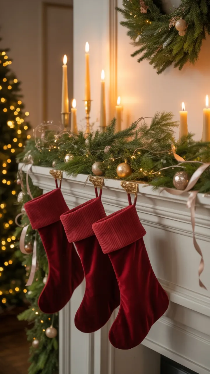 Crimson Stockings and Golden Glow on a Cozy Christmas Mantel