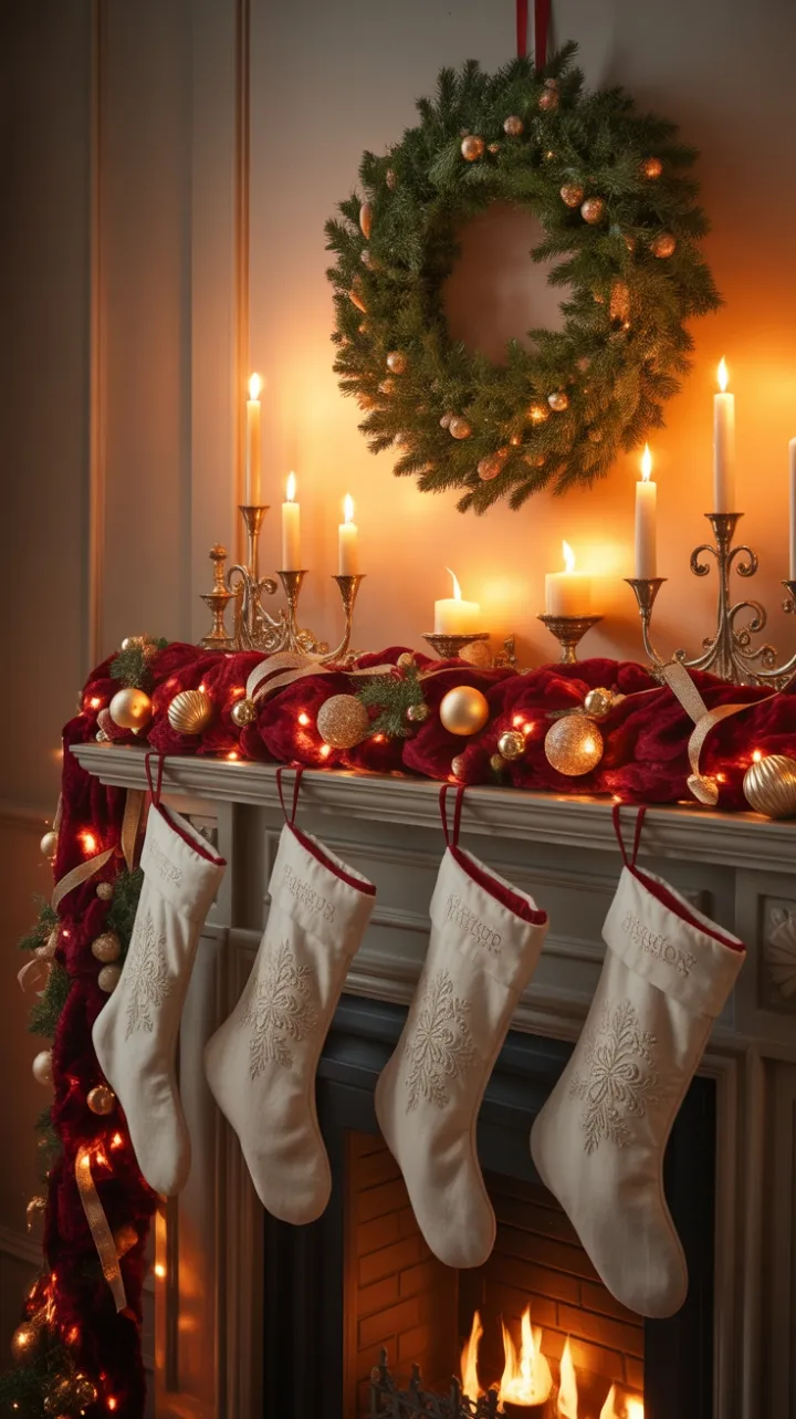 Velvet and Gold Christmas Hearth with Flickering Candles and Embroidered Stockings