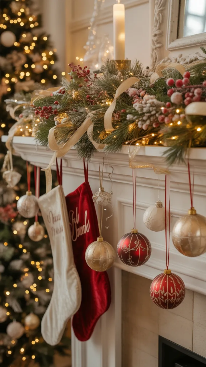 Velvet Stockings and Golden Lights on a Vintage Christmas Mantel