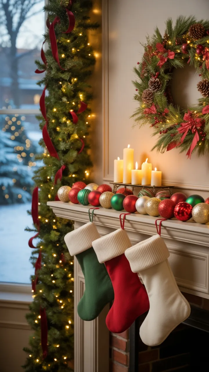 Cozy Candlelit Christmas Mantel with Velvet Ribbons and Vintage Ornaments