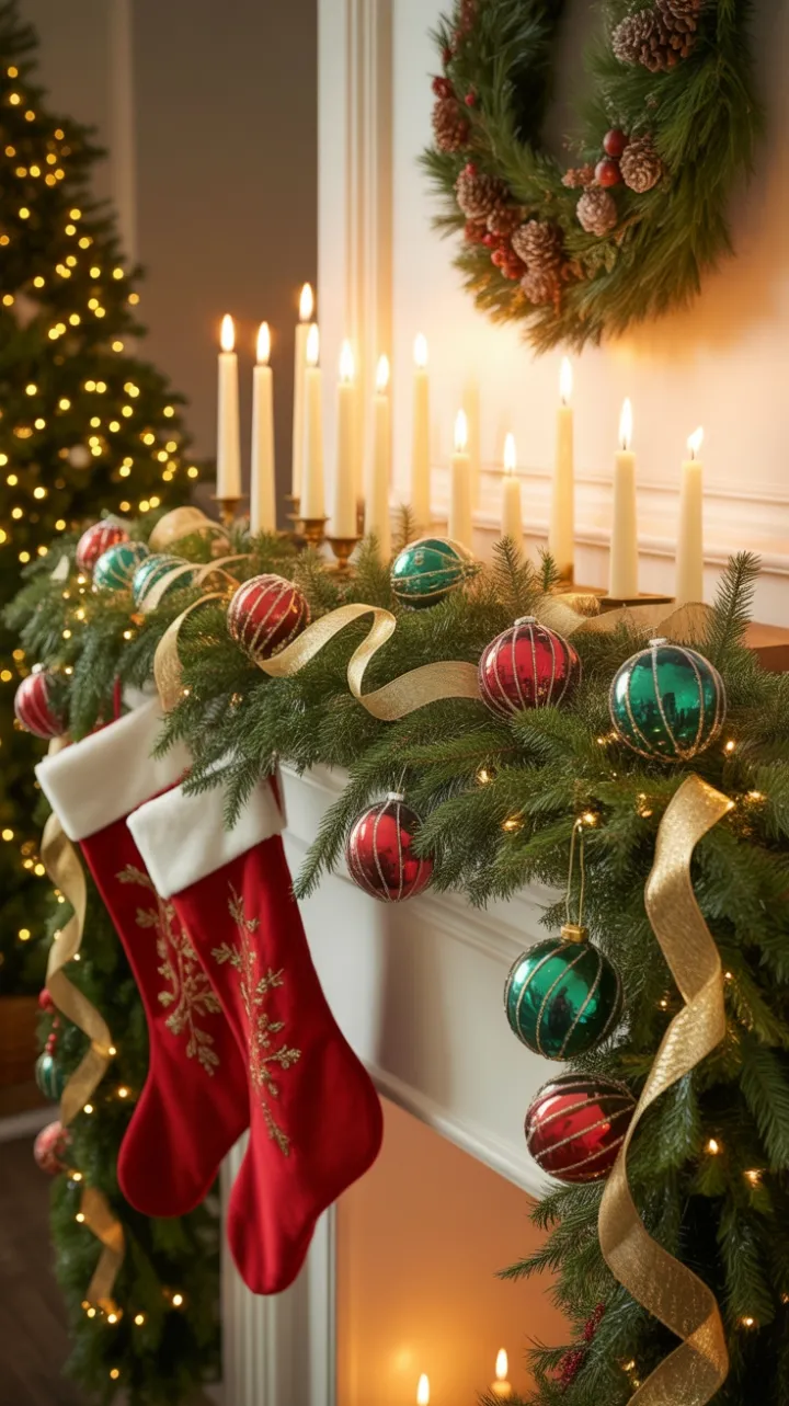 Velvet Stockings and Golden Garland on a Candlelit Holiday Mantel