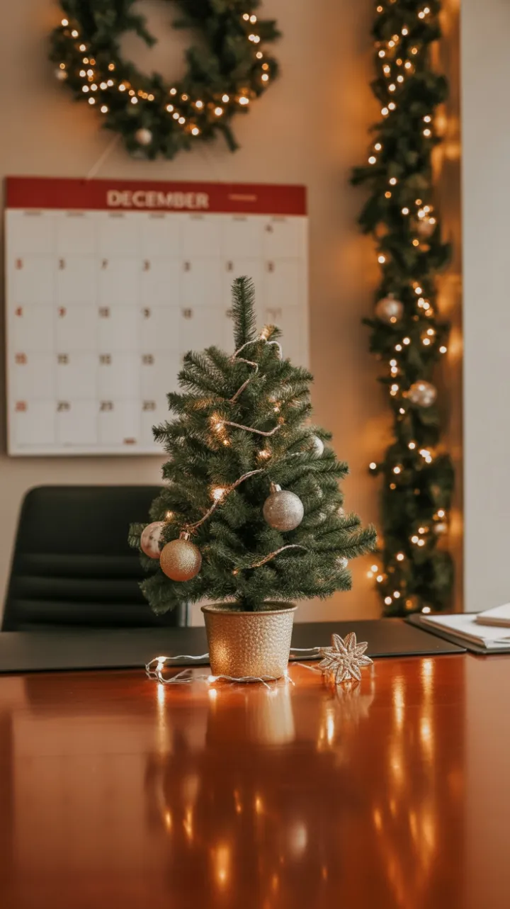 Cozy Office Desk Aglow with Festive December Cheer